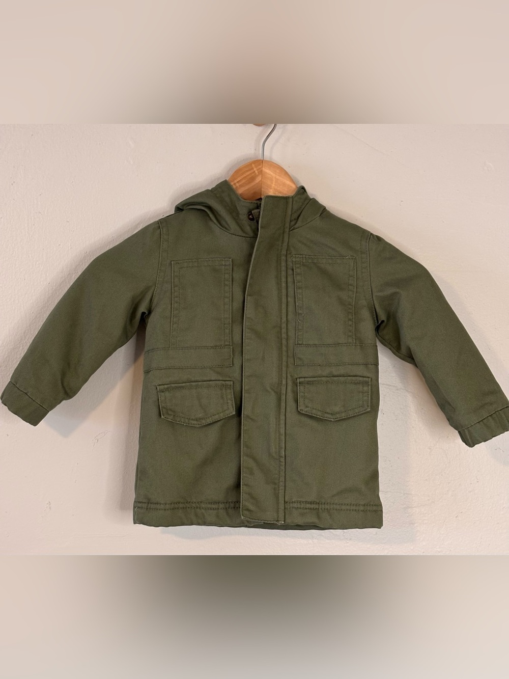 🌸 Cat & Jack Faux Fur Lined Olive Green Hooded Utility Jacket Size 18 Months